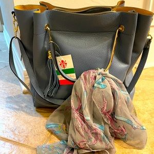 Blue Italian leather purse with gold handles and scarf.